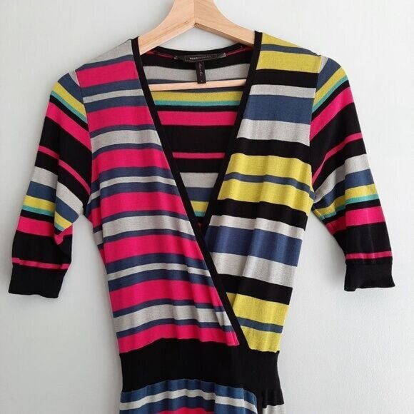 BCBG MAXAZRIA Elia Surplice Faux Wrap Fine Knit Stripe V-Neck Dress Sz S - Picture 4 of 16